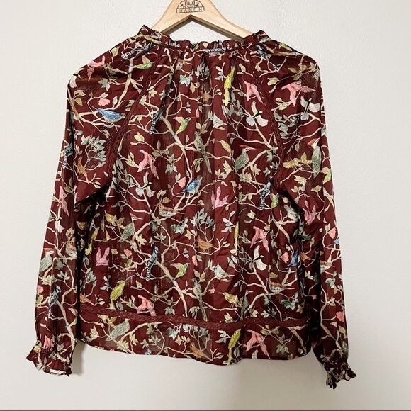 J. Crew Point Sur Menagerie Ruffle Popover Top sz S Floral bird print brown - Picture 3 of 7